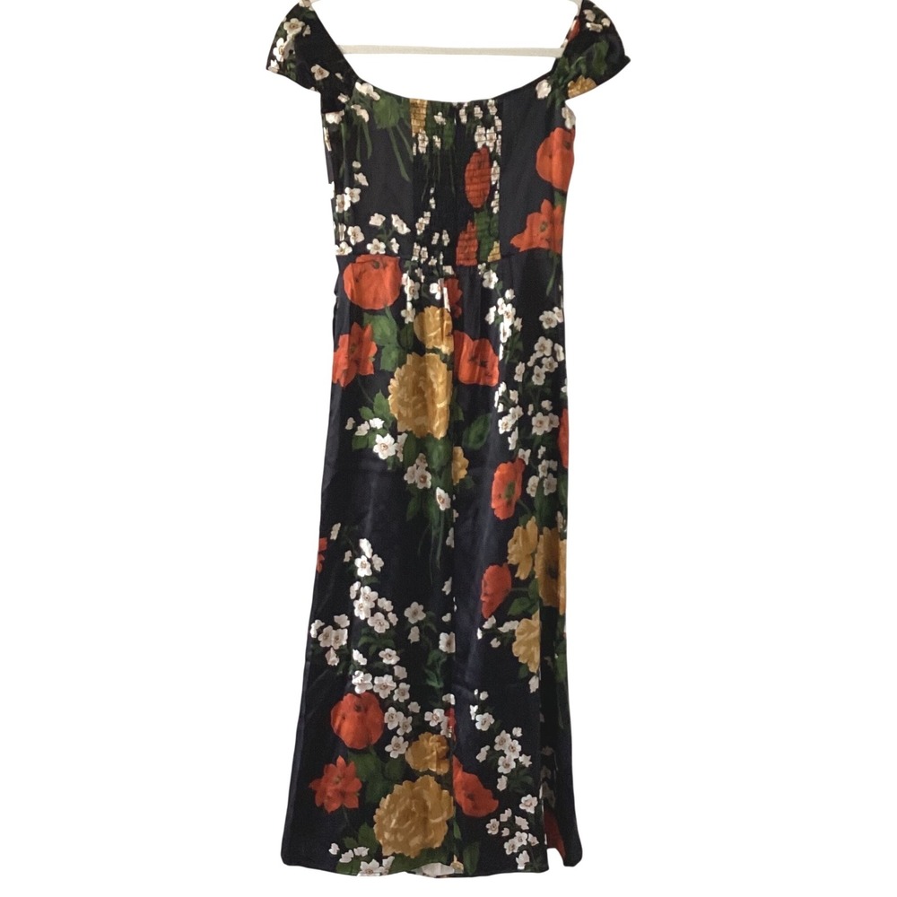 Reformation Silk Floral Off Shoulder Midi Dress Black Romantic Slit Sz 4
